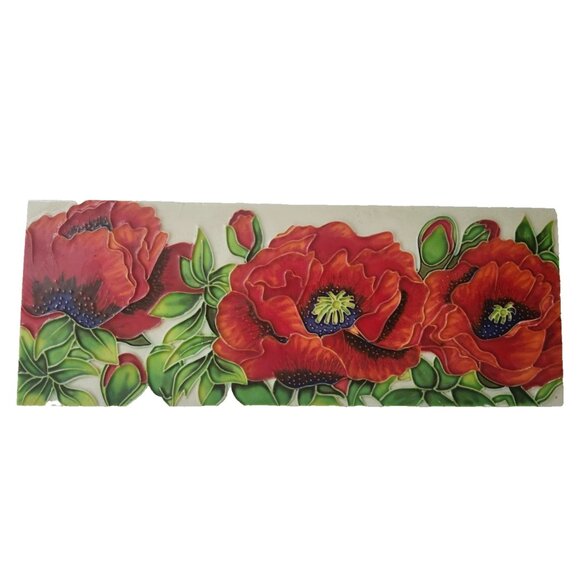 Poppy Wall Art Tile Hand Painted Ceramic 15.75” X 6” Raised - Picture 1 of 8